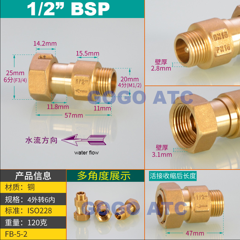 DN15/DN20/DN25 1/2 3/4 1 inch brass In-Line spring vertical check valve for Water meter female male one way valve