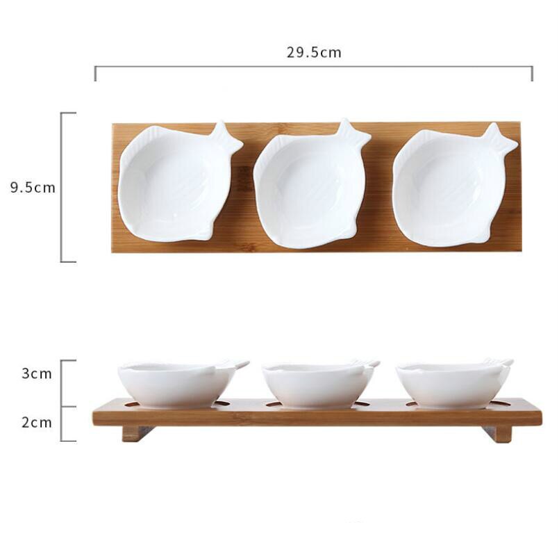 3 unids/set plato de salsa de cerámica, cojín de bambú, plato de inmersión para el hogar, sal de soja, azúcar, salsa, organizador de condimentos, tarros de especias: Fish