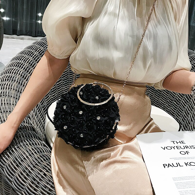 Pearl Flower Round Handle Party Women Handbag Shoulder Bag Chain Pursr Crossbody Mini Bag Female Totes Bag