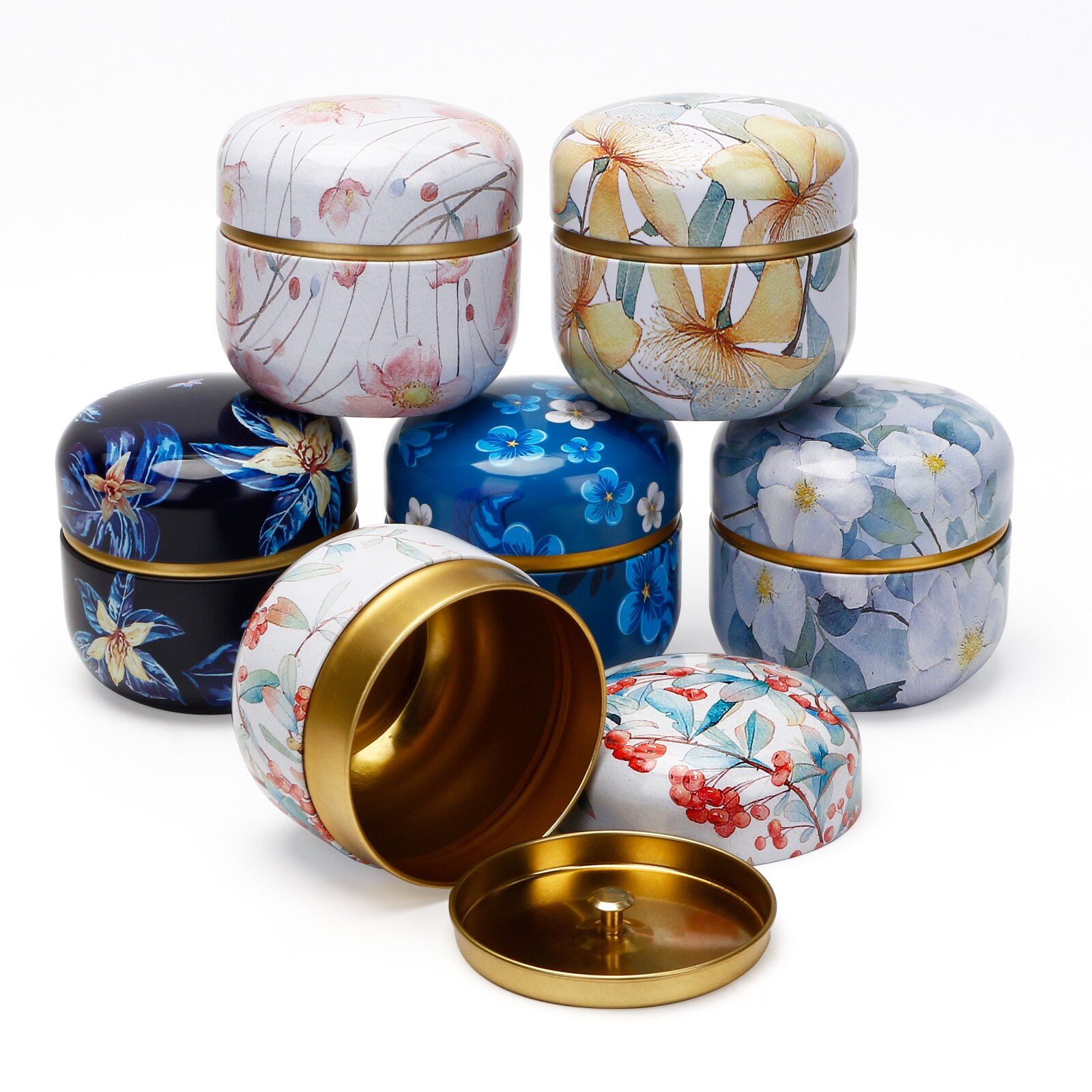 Japanese Style Tea Box Set Metal Tea Jar Containers Sweetmeats Snacks Candies Cans Coffee Storage Packaging Box Round: 6pcs