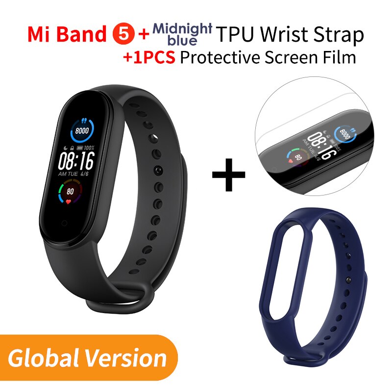 Xiaomi banda 5 versão global pulseira inteligente tela de toque miband 5 pulseira esporte rastreador de fitness monitor de freqüência cardíaca: Add Dark blue Strap