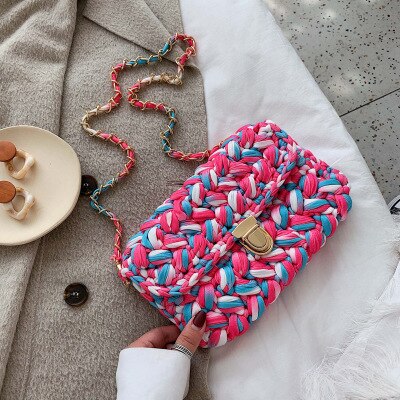 Mode Katoen Geweven Vrouwen Schoudertas Gehaakte Hand Geweven Vrouwen Messenger Bag Keten Vrouwen Tassen Dames Handtassen vrouwelijke Clutch: rose red