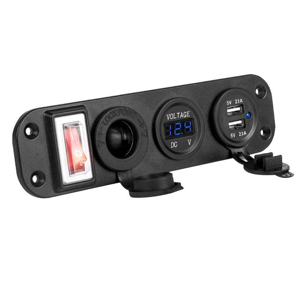 12V/24V Dual USB Socket Charger LED Voltmeter On-Off Switch Panel Red: Blue