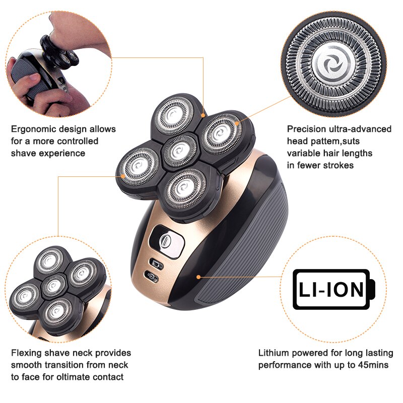 Máquina de afeitar eléctrica recargable para hombres, 5 en 1, con cinco cabezales flotantes, para el pelo, cortador de pelo de los oídos, cepillo de limpieza facial