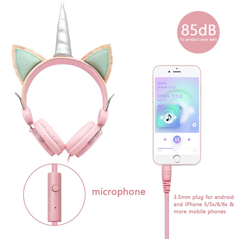 Cute Kids Headphones With Microphone Unicorn Wired Cascos Mobile Phone Gamer Headset Girl Music Helmet with Bracelet