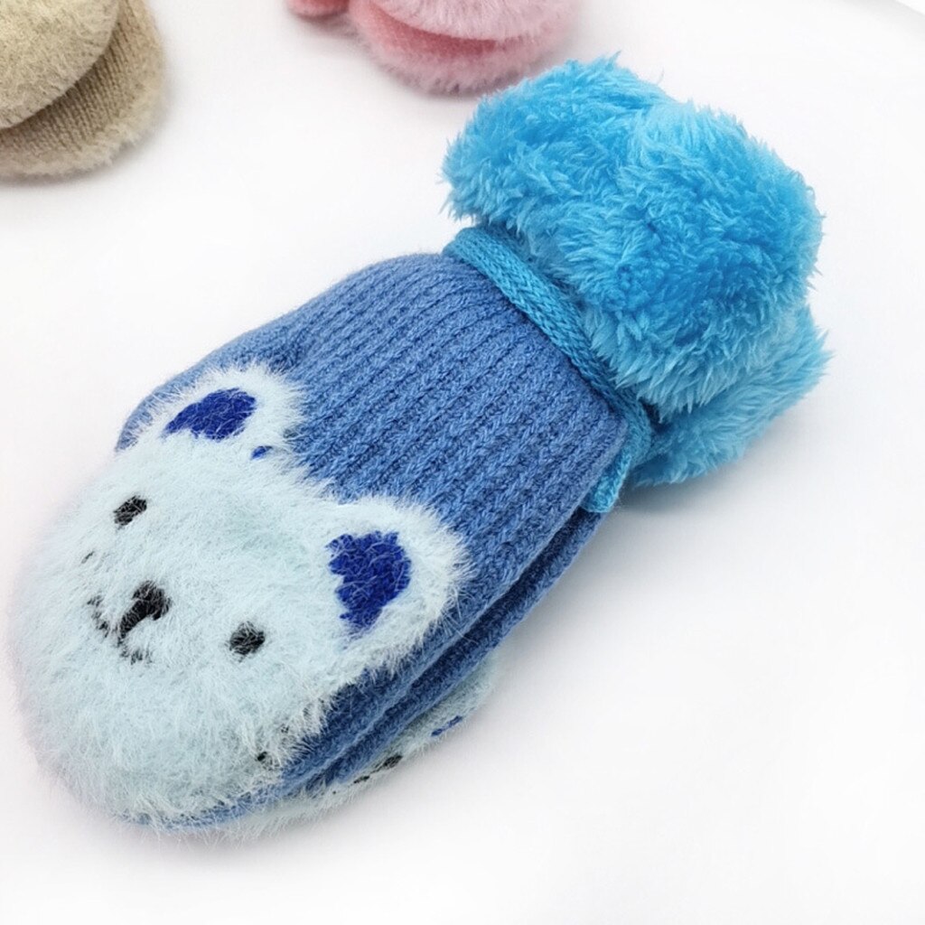 2-7Y Kinder Fäustlinge Kinder Gestrickte Wolle Plus Samt Handschuhe Cartoon Bier Baby Jungen Mädchen Volle Finger Warme Handschuhe Halten mit seil