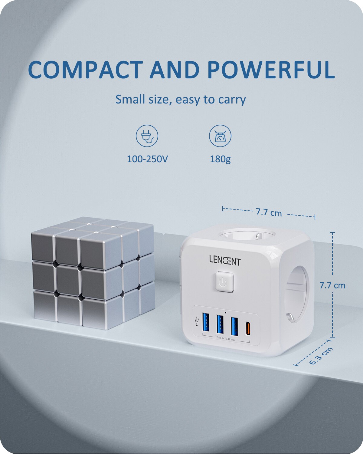 LENCENT Wandsteckdosen-Verlängerung mit 3 AC-Steckdosen, 3 USB-Anschlüssen und 1 Typ C 7-in-1 EU-Stecker-Ladegerät Ein/Aus-Schalter für Zuhause