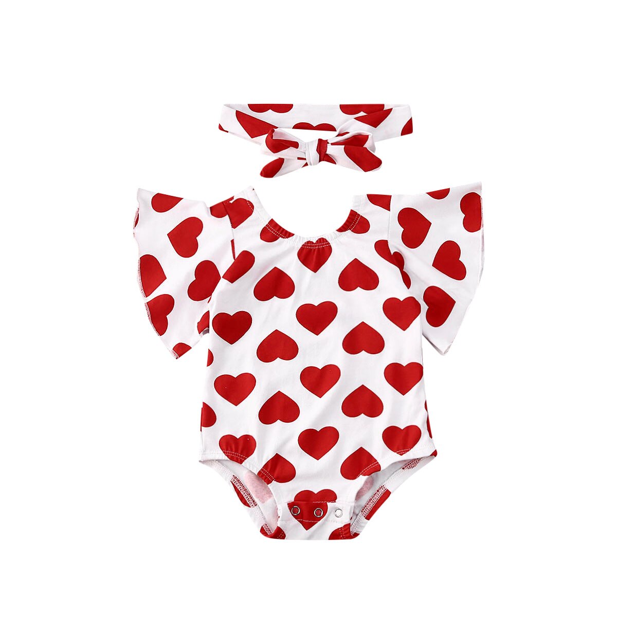 Nyfödd baby flicka alla hjärtans dag kläder älskar hjärtat tryck ruffles ärm jumpsuit pannband: Röd / 6m