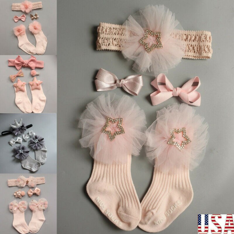 4pcs/Sets Newborn Baby Girls Boys Socks Lace Ruffle Tutu Socks Frilly Ankle Princess Anti Slip Socks+Headband