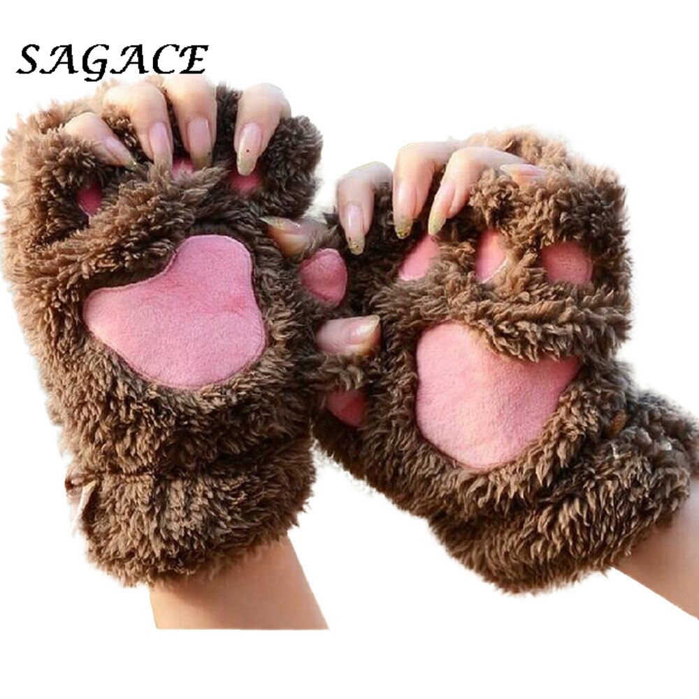 Gants demi-doigt épais en velours pour femmes, garde la chaleur, mitaines en peluche avec patte de chat épaisse, doux