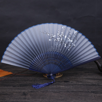 Abanico de bambú de estilo chino clásico, abanico plegable con estampado de flores para mujer, abanicos de mano para bailar, decoración artesanal para fiestas y bodas: blue