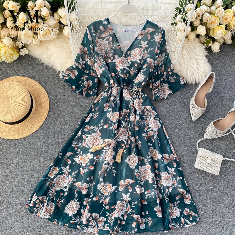 YuooMuoo Women Chiffon Dress Summer Flower Drawstr... – Grandado