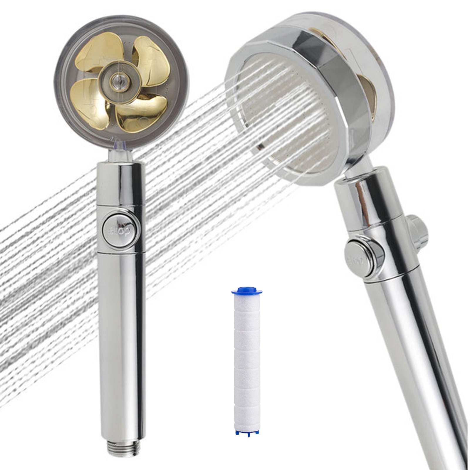 8Pcs Neerslag Turbo Douchekop Set Hoge Druk Regendouche Gedraaid Turbocharged Douche Met Ventilator 5 Filter Slang rack: 1PCS Golden