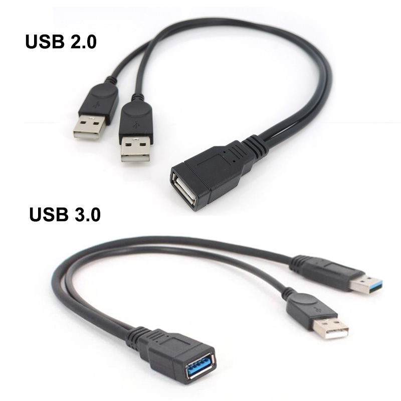 USB 2.0 3.0 A-Buchse auf Dual-USB-Stecker 2, doppeltes USB 2.0-Netzteil, männlich, weiblich, Splitter-Verlängerungskabel, zum Aufladen für Drucker, PC