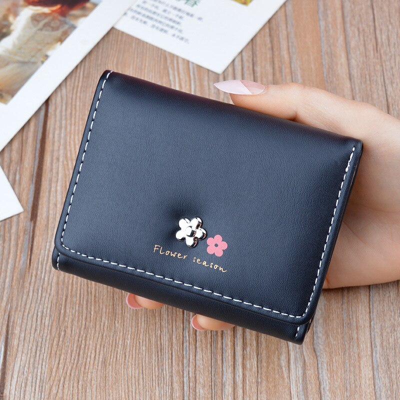 Kvindelig tegnebog sød walet til kvinder studerende pung kort mini tegnebog korea blomst lille vellet portomonee portfel damski: Sort