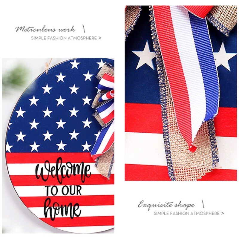 Our Home Sign Rustic Front Door Hanger Round Wooden Hanging Sign for Farmhouse Porch American Independence Day Decoration