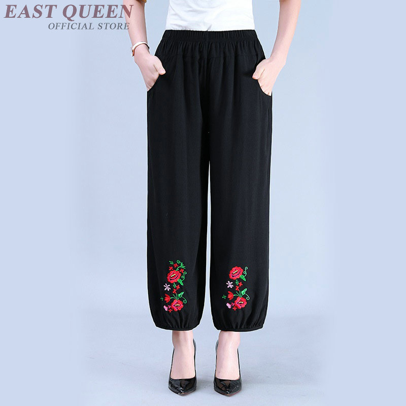 Pantalon à jambes larges pour femmes plus âgées, bouffantes noires, en coton et lin, taille haute élastique, broderie, Capris, boutique chinoise en ligne, TA1783,: 2 / XXL