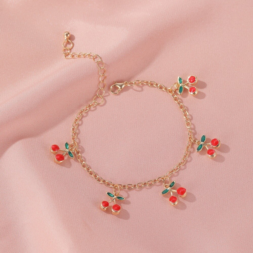 Pulseira de tornozeleira ajustável, pulseira da moda cores vermelha, cereja e dourada, joia para presente