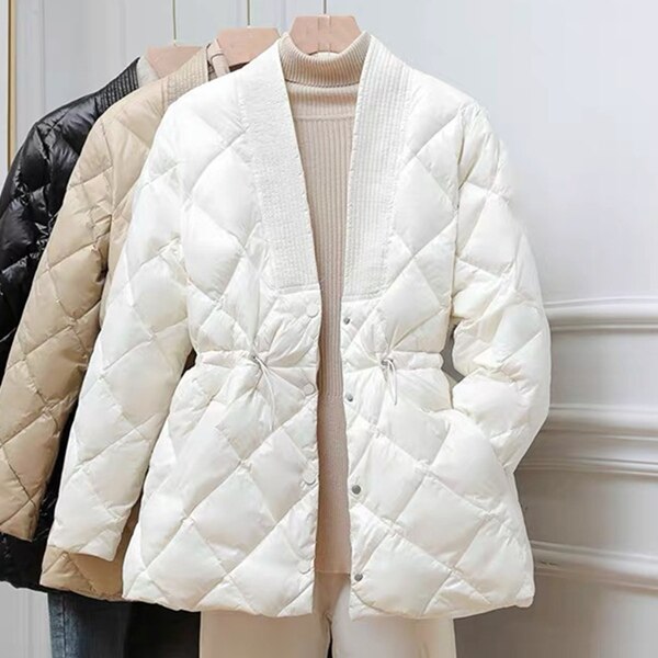 Autumn Winter Women Jackets Quilted Puffer Parkas High Warm Drawstring Sweet Oversized Coat: white / L