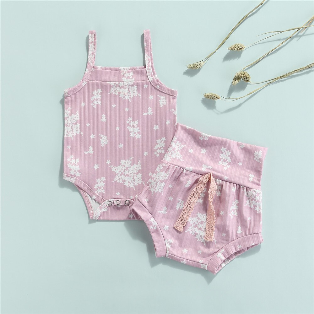 Baby Meisje Kleding Set Zomer Leuke Bloemenprint Mouwloze Romper + Boog Driehoek Shorts Outfits