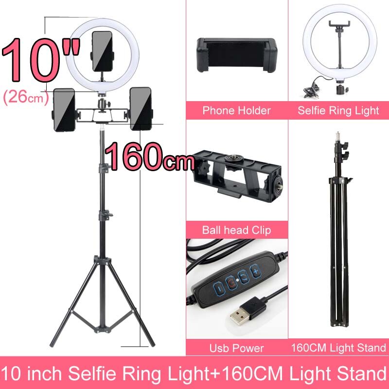 Fotografie Lamp Licht Ring Met Telefoon Houder Selfie Usb Plug Dimbare 6 8 10 12 14 Inch Beschikbaar In verschillende Maten: 10 inch 160cm 2