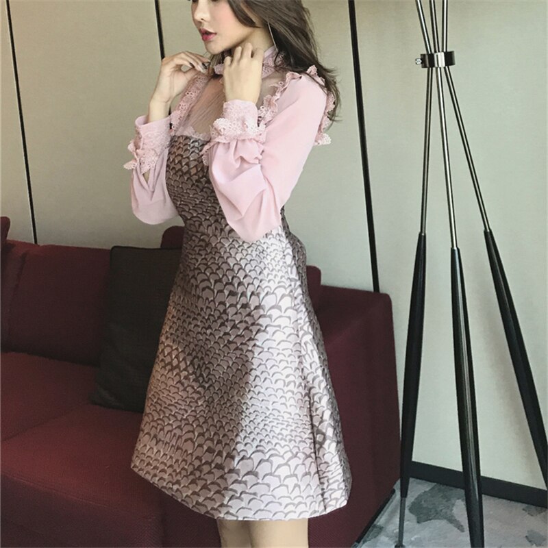 RUGOD O-neck Lace Patchwork Above-knee Mini Dress For Women Knitted Long Sleeve Vintage A-Line Cotton Dress Girls Spring