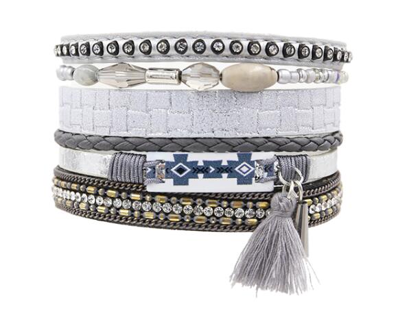 STRATHSPEY Etnische Kwasten Sieraden Armband Vrouwen multi-layer Lederen Touw Strass Magneet Sluiting Bangle Bracelete Feminino Blauw: Grey Color