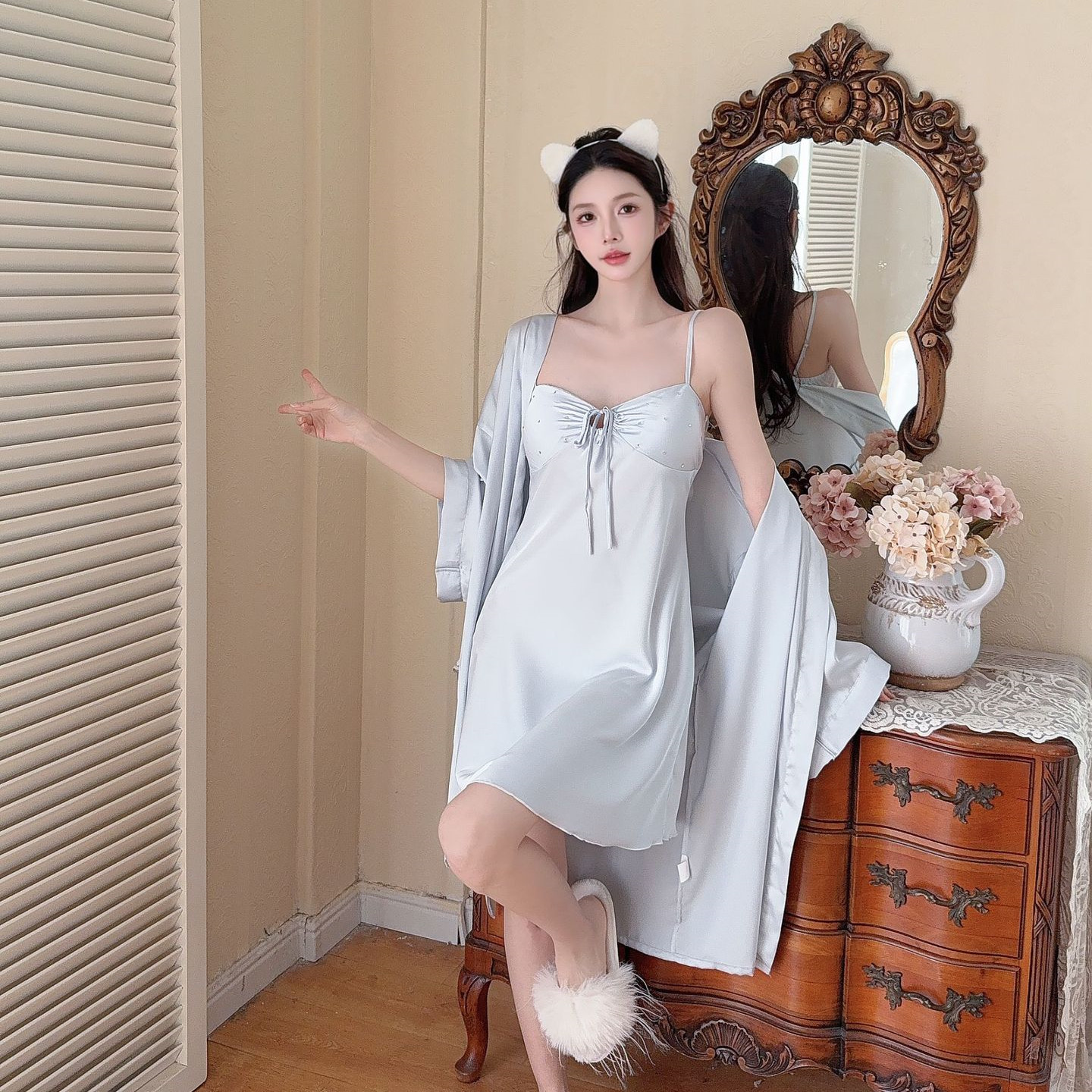 Twinset morgenkåpe dame sateng nattkjole kimono badekåpe kjolesett sommer sexy loungewear v-hals nattøy