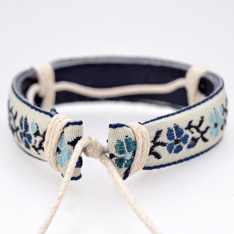 Pulsera de cuero con bordado de flores para hombre y mujer, brazalete de estilo étnico y folclórico, hecho a mano, estilo Retro, Hippie, amistad, Unisex, ABL098(1)