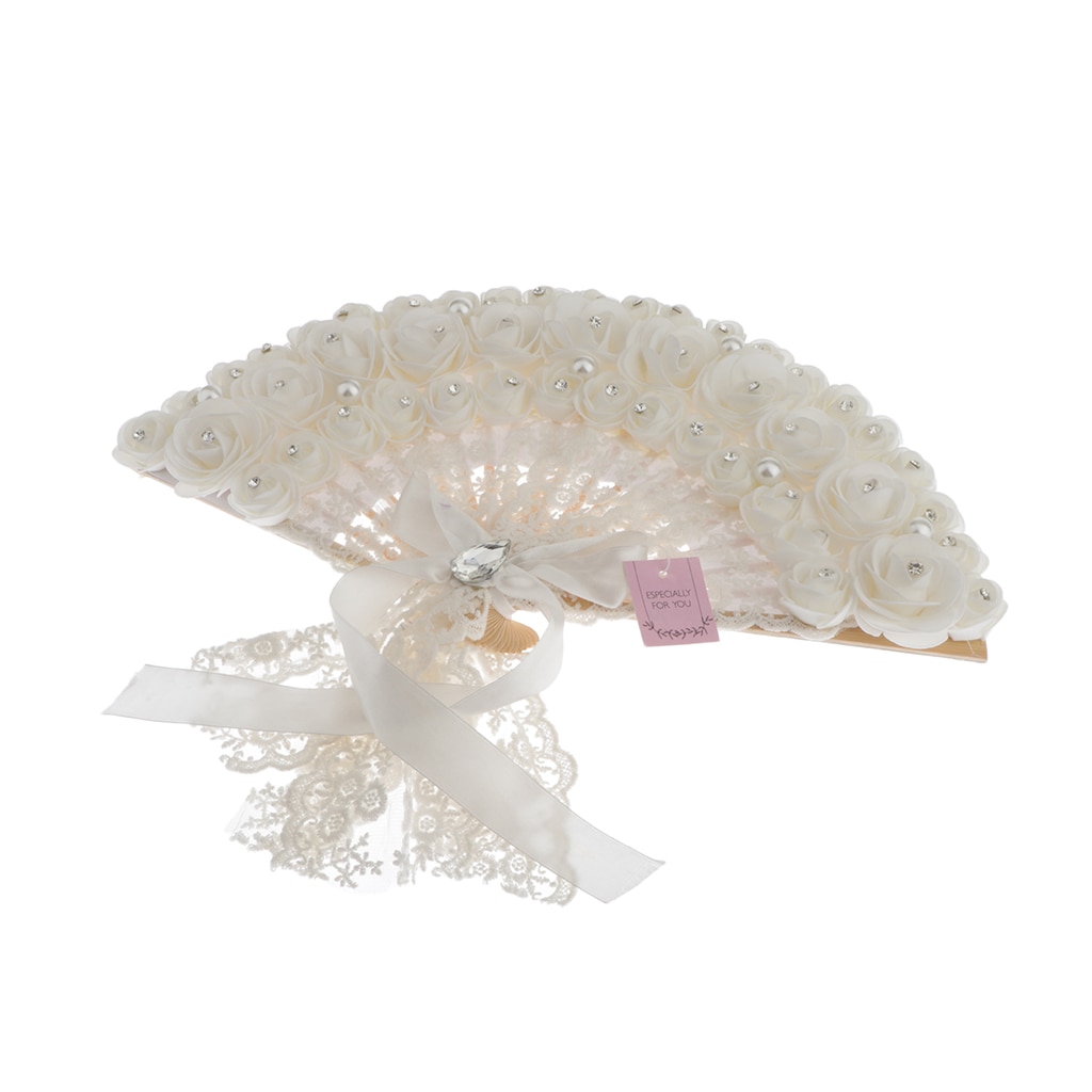 Lace Rose Flowers Plastic Folding Hand Held Fan (White)