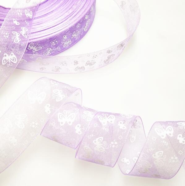 5 meters/partij 25mm Cartoon Vlinder Linten Gedrukt Organza Lint Tape voor Handwerken DIY cadeaupapier Decoratie: PURPLE