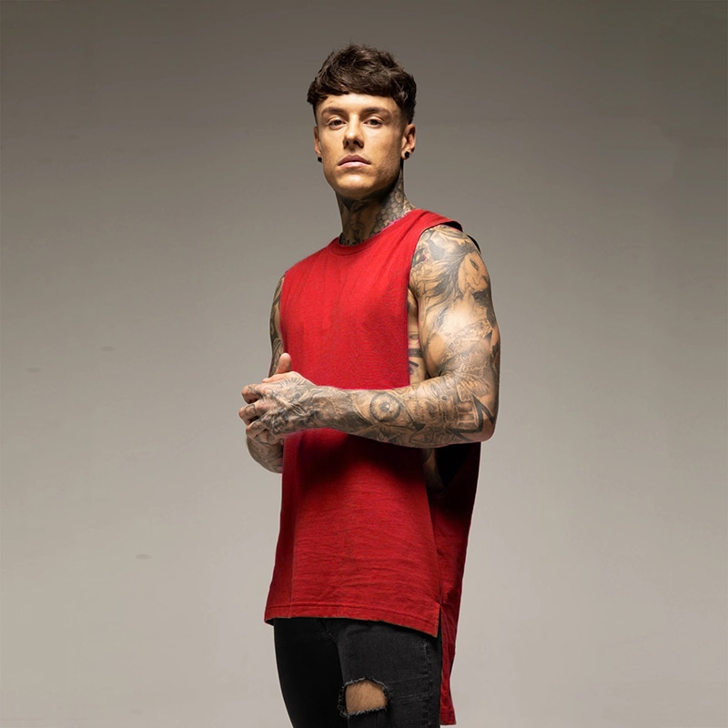 Mens Casual Tank Top Gym Fitness Workout Katoen Mouwloos Shirt Zomer Kleding Mannelijke Verlengen Lange Singlet Hip Hop Vest: M / Rood