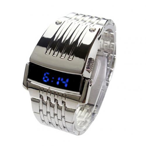 montre électronique affichage LED bleu large en acier inoxydable bande hommes numérique montre-bracelet: Argent