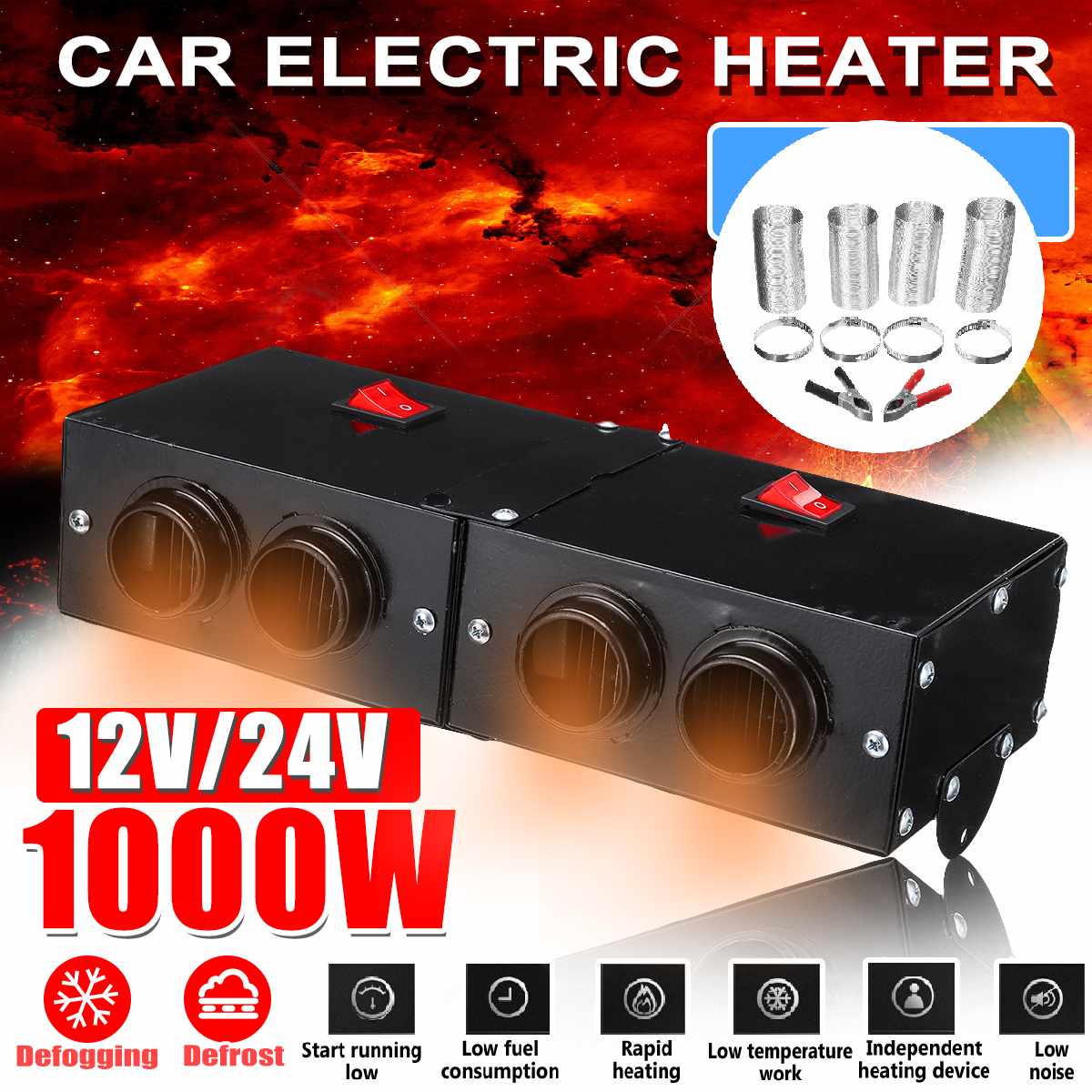 Chauffage de voiture 1000W 12V/24V 4 trous chauffage de stationnement pare-brise dégivreur PTC voiture ventilateur réchauffeur d'air température constante chauffage