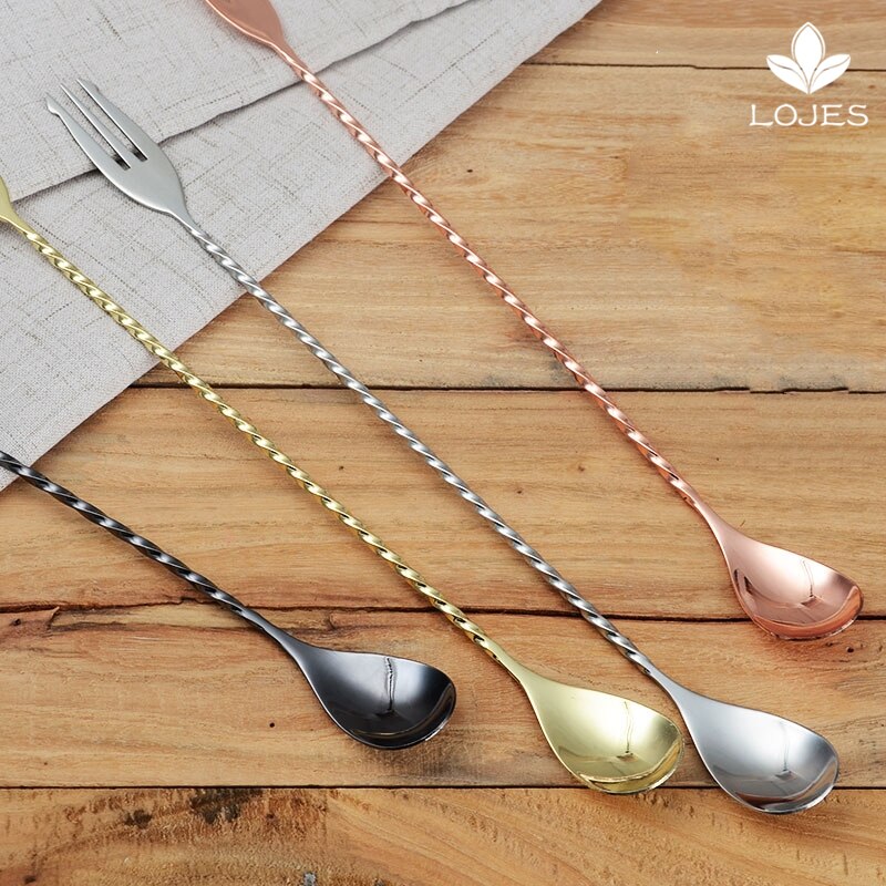 400mm Cocktail Bar Spoon 304 Stainless Steel Bar Spoon With Fork Twisted Mixing Stir Spoon Bar Tool