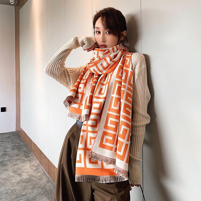 Efterår og vinter 2020 nye koreanske fortykket termisk lang sjal efterligning kashmir dobbelt formål kvinders tørklæde kvast tæppe tørklæde: Orange