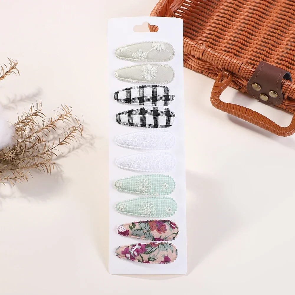 10Pc/Lot Ins 2.2inch Flower Print Cotton Alloy Hair Bow Snap Clips Set Fabric Plaid Bobby Hairpins Hairgrips Girls Kids Headwear: Silver