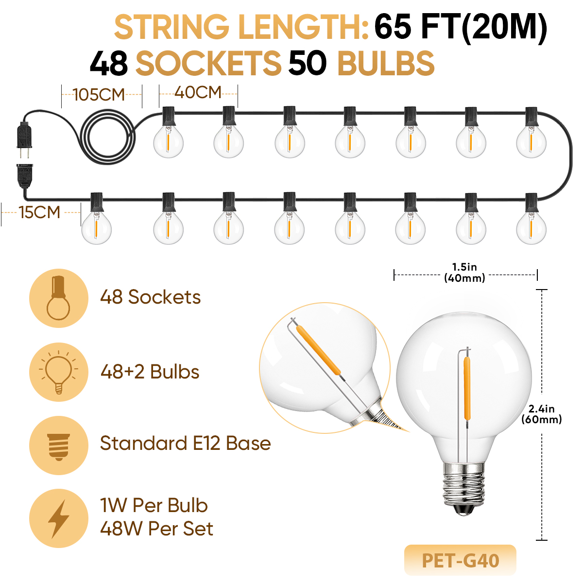 Guirnalda de luces G40 inastillable, 220V, 110V, cadena de luces Led E12, impermeable, conexión al aire libre, patio, porche, balcón, decoración de: RGB / Enchufe estadounidense