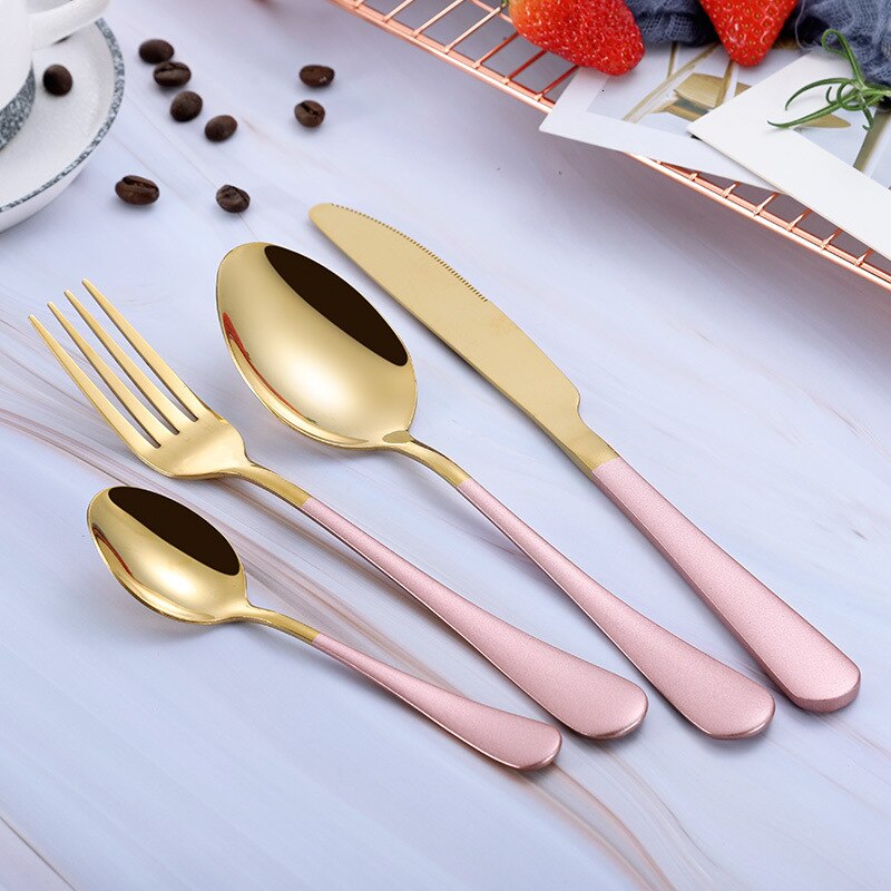 Black Gold Cutlery Set 18/10 Stainless Steel Fork Spoon Knife Set Mirror Tableware Set Portable Kitchen Spoon Silverware Set: pink gold