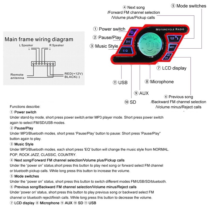 Motorcycle Stereo Speakers Bluetooth MP3 Player Waterproof o System FM o USB/TF for Motor Scooter Bike ATV UTV