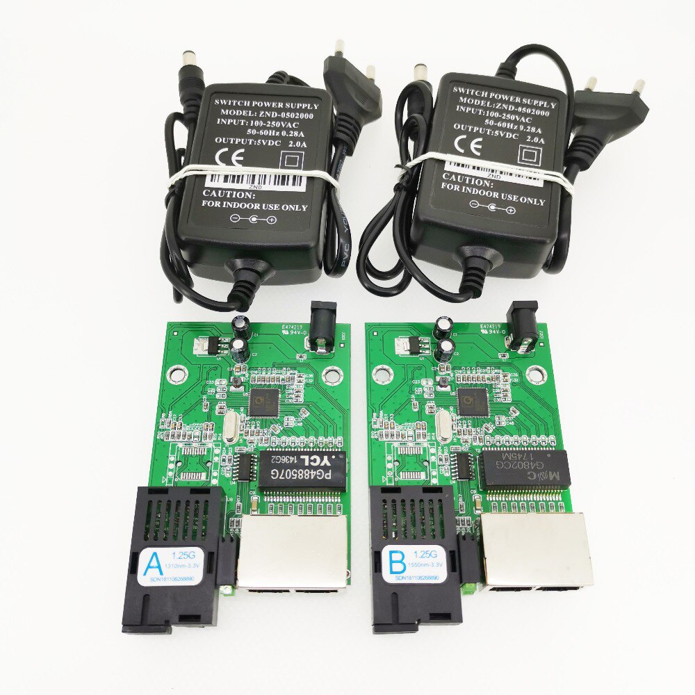 Convertisseur de média Fiber optique RJ45 PCBA, 2 pièces, 1 g2e 1.25G 2 ports Ethernet Gigabit 10/100/1000M 2 ports 1.25G: 1 Pair With Power