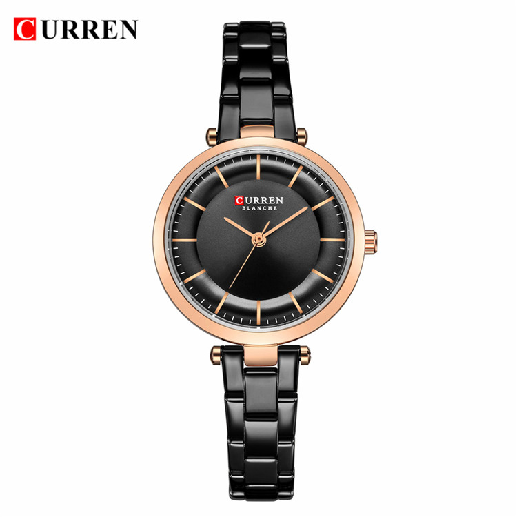 CURREN de luxe minimaliste montres à Quartz femmes Bracelet en or Rose montre décontracté mince horloge pour dames montre-Bracelet avec de l'acier: black