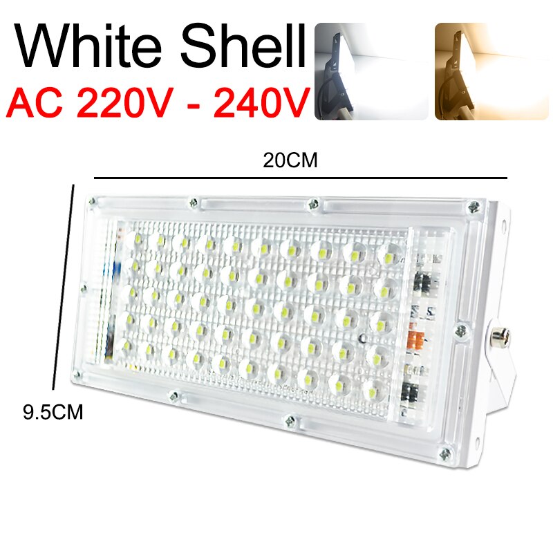 LED Flood Light 50W 3000k 6000k Floodlight street IP65 Waterproof Outdoor Wall Reflector Light AC220V 240V Garden Spotlight: White Shell / Warm White