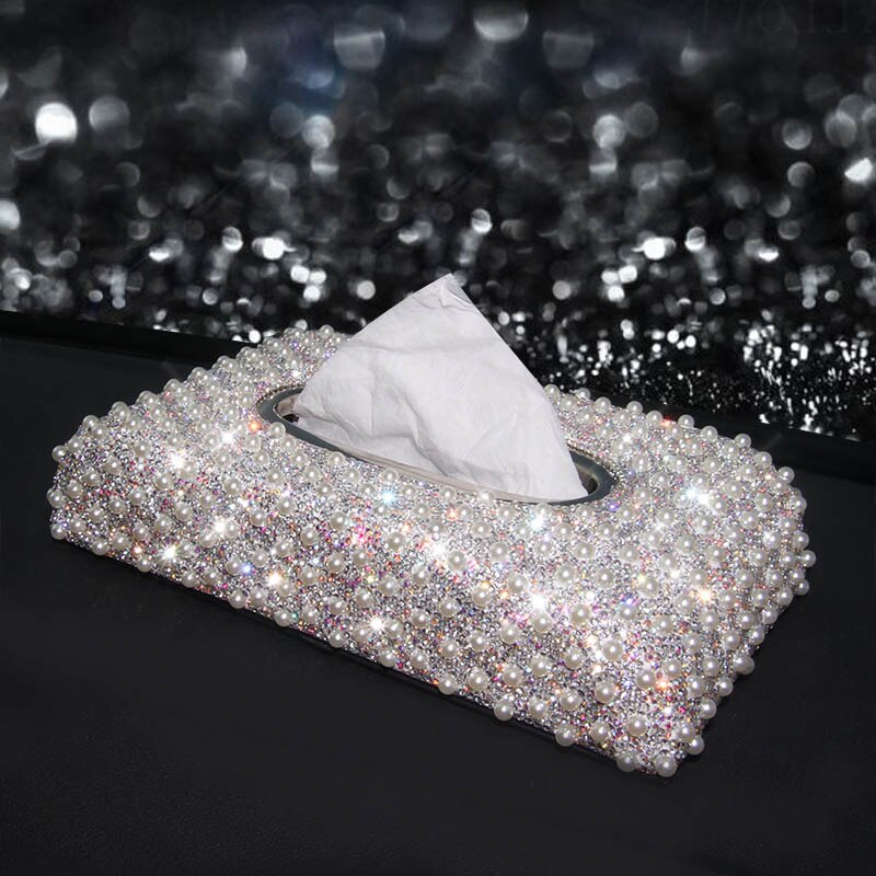 Luksus perler bil vævskasse krystal diamant blok type vævskasser holder til kvinder papirhåndklæde dækning sag bil styling: Bilvævskasse