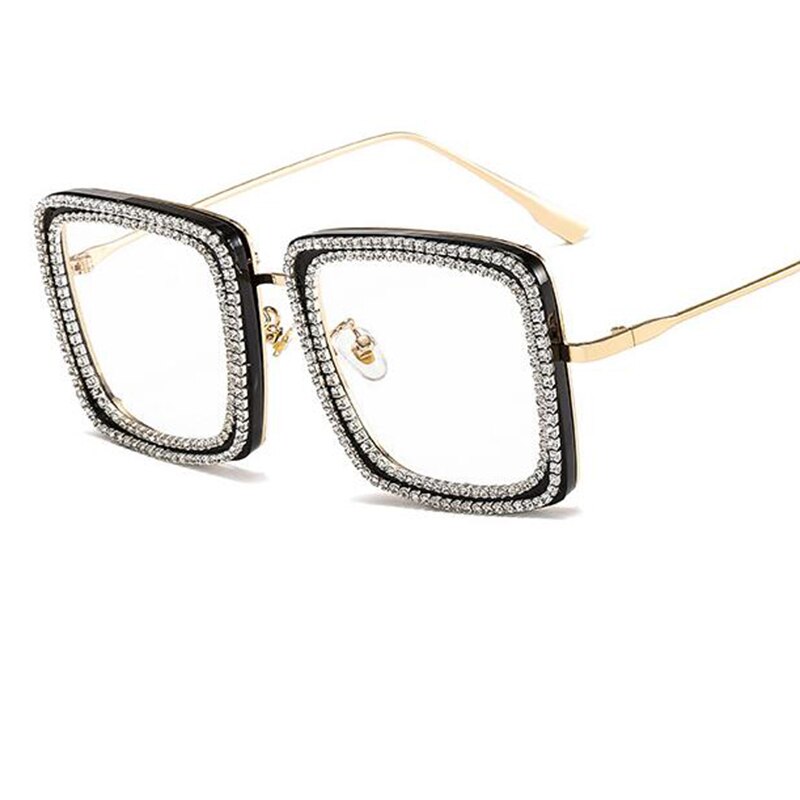 Brilmontuur met strass, heldere glazen, vierkante bril, metalen montuur, optische bril zonder sterkte, transparante bril