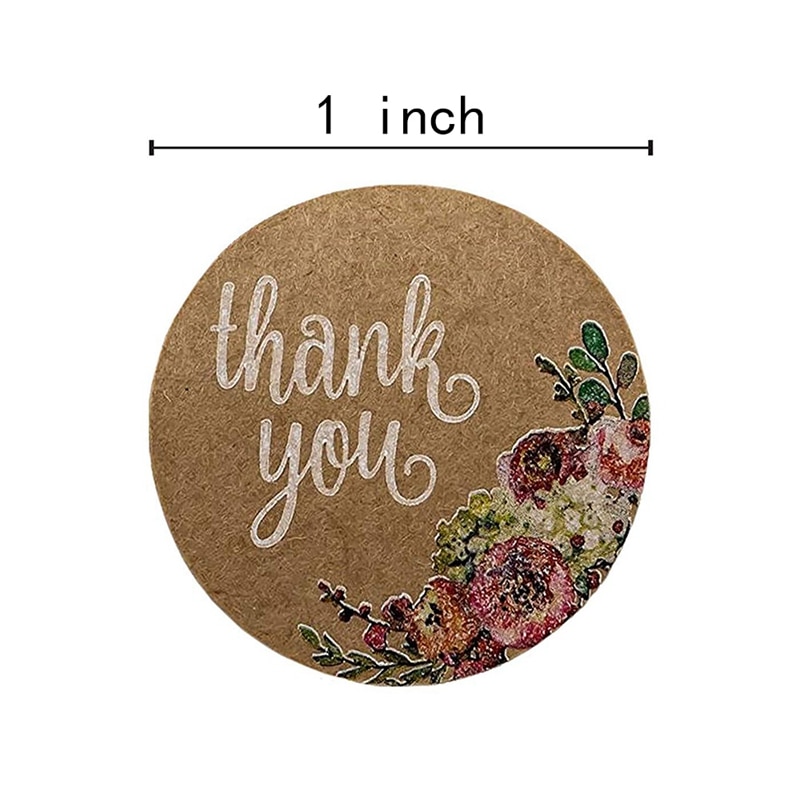 Kraft Floral Thank You Stickers - 1 inch Circle Labels / 500 Per Pack
