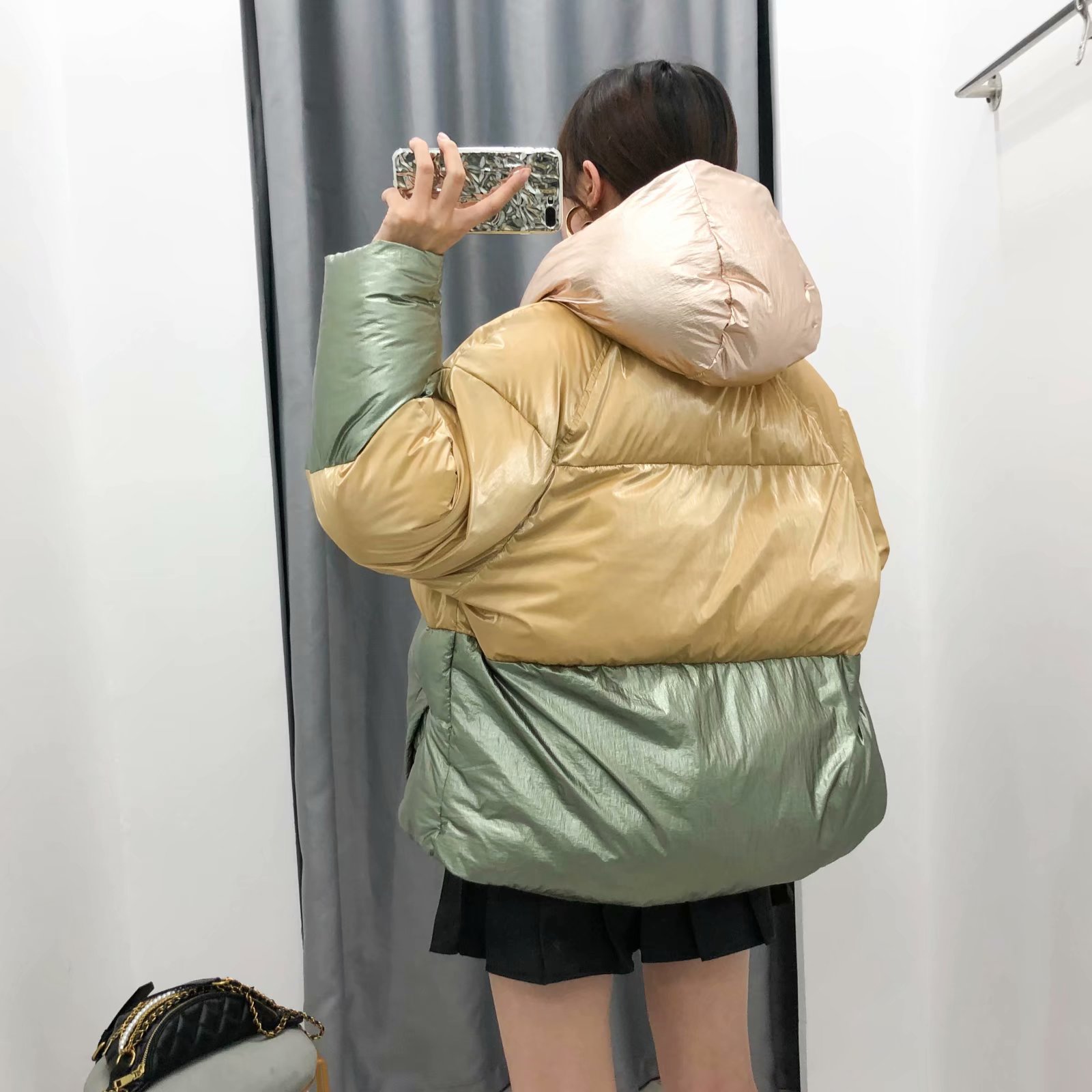 Reflektierende Farbe block jacke frauen oberbekleidung koreanische mäntel und jacken frauen winter gold pailletten jacke silber damen streetwear