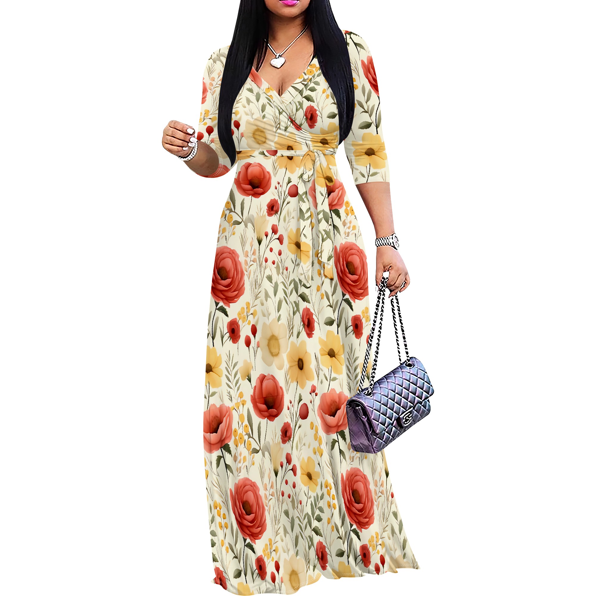 Blomstermønstrede wrap maxikjoler til kvinder afslappet v-hals 3/4 ærmer kjole ruched bælte trendy blomster lang kjole: Xl