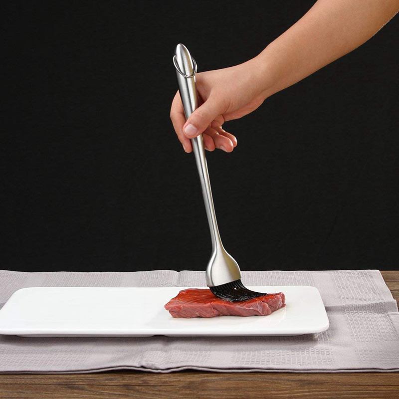 Cepillo de cerdas de silicona hilvanado BBQ, resistente, con mango de acero inoxidable de 12 pulgadas, para asar a la parrilla