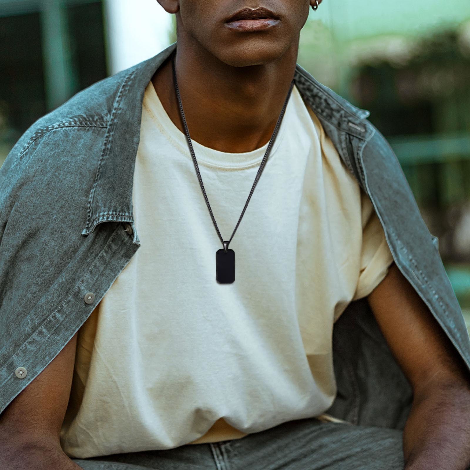 Vnox Dogtag-kettingen voor heren, geometrische rechthoekige hanger met Cubaanse ketting, zwart zilverkleurige roestvrijstalen casual halskraag